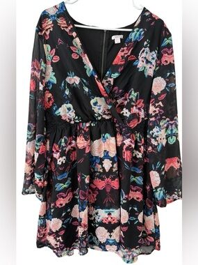 Xhilaration Black Floral Fit-and-Flare Dress with Pink and Cream Blooms